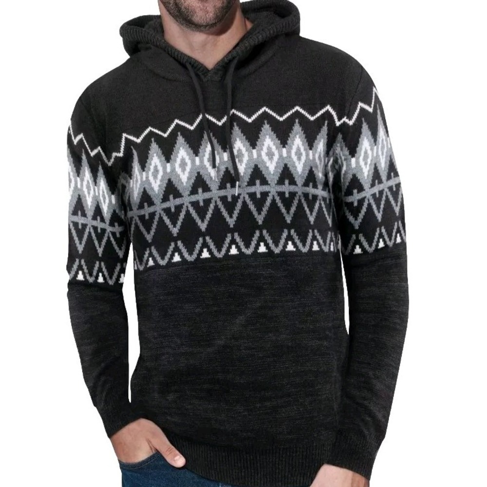 Xray New Hooded Argyle Sweater Mens Small Black Fair Isle Long Sleeve‎ NWT $78